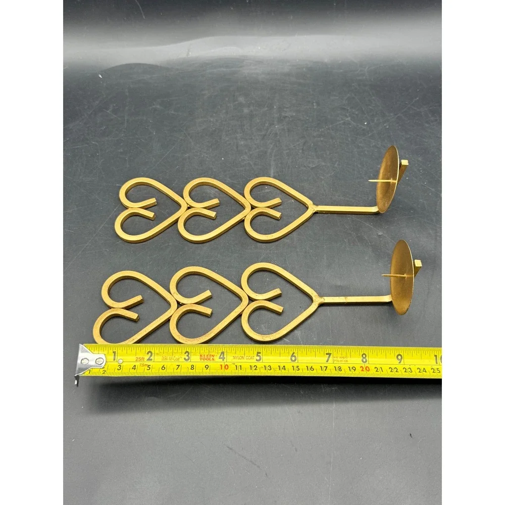 Pair Heart Design Metal Wall Candle Holders Sconces Gold Tone Taper Candle